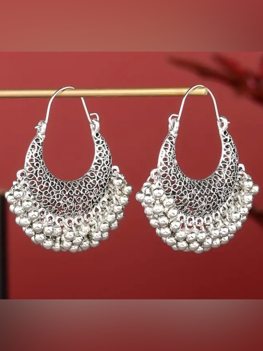 Intricate Silver Filigree Hoop Earrings with Beaded Fringe